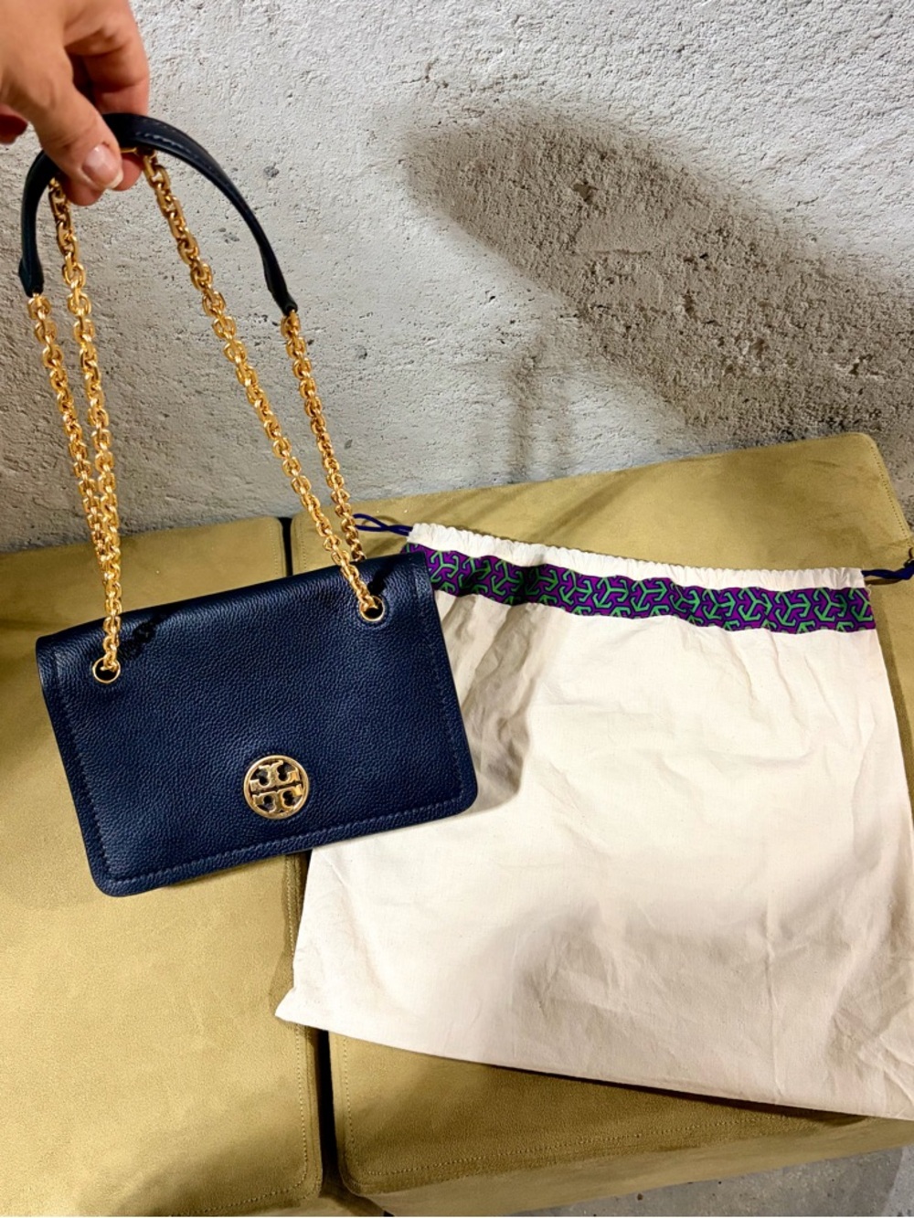 Tory Burch Black Pebbled Leather Chain Crossbody with Gold Hardware